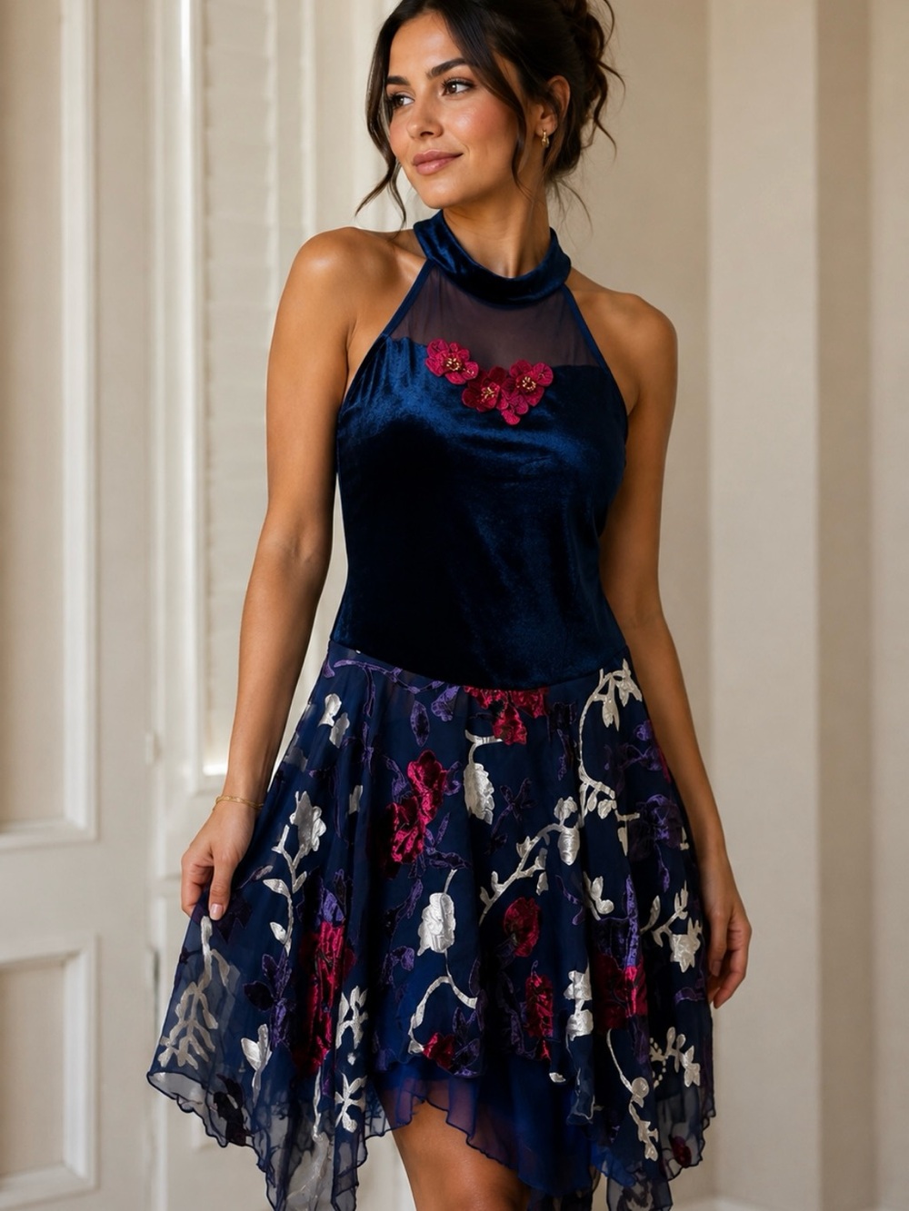 Revolution Navy One-Shoulder Velvet & Floral Dress with Pink Accents.